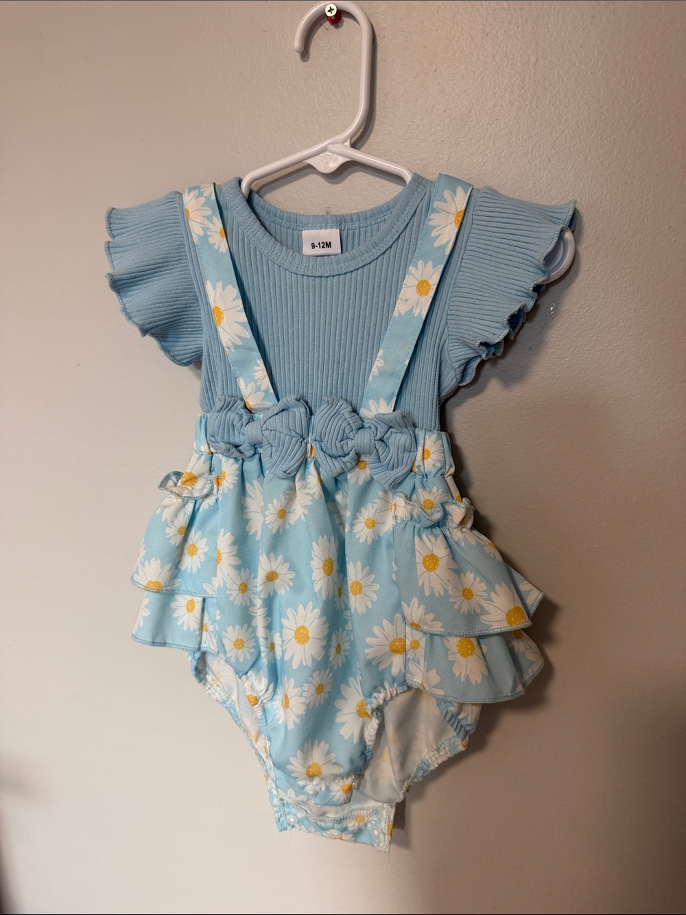 SHEIN Light Blue Daisy Ruffle Suspender Romper